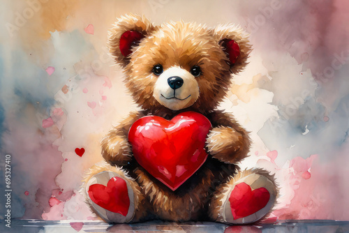 A teddy bear holds a red heart in his hands on a background of flowers as a gift for Valentine's Day, mother's Day, wedding, birthday.  photo