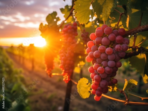 Sunset over vineyard with ripe grapes