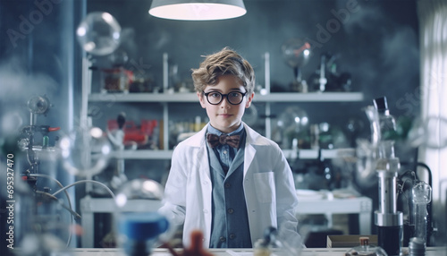 Cute science boy in lab learning. Student scientist. smart kid laboratory experiment. Cute child doing experiments in laboratory photo