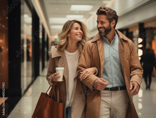 A couple walking in a mall with shopping bags and coffee cups