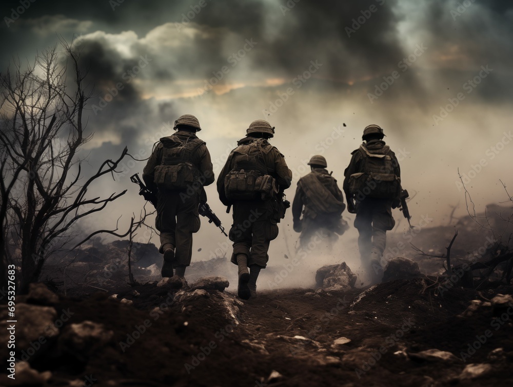 Soldiers navigating through a war-torn area amidst smoke and debris