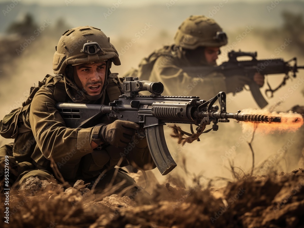 Frontline soldier firing machine gun with visible flame