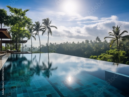 A stunning infinity pool overlooking a lush tropical landscape