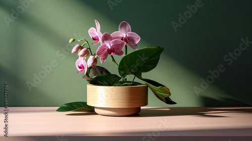 Round beautiful wooden podium table with pink orchid , sunlight on green wall backgraiund