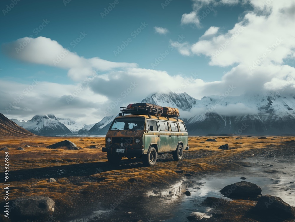 Vintage van in a majestic mountain landscape