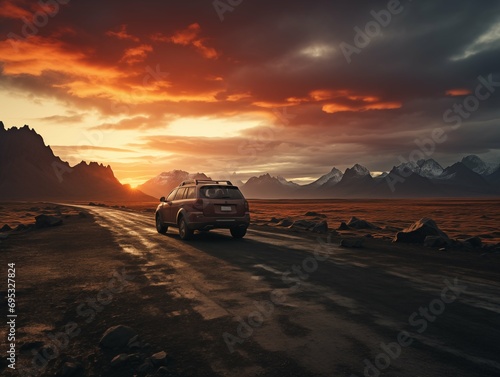 A car on a scenic road at sunset with mountains in the background