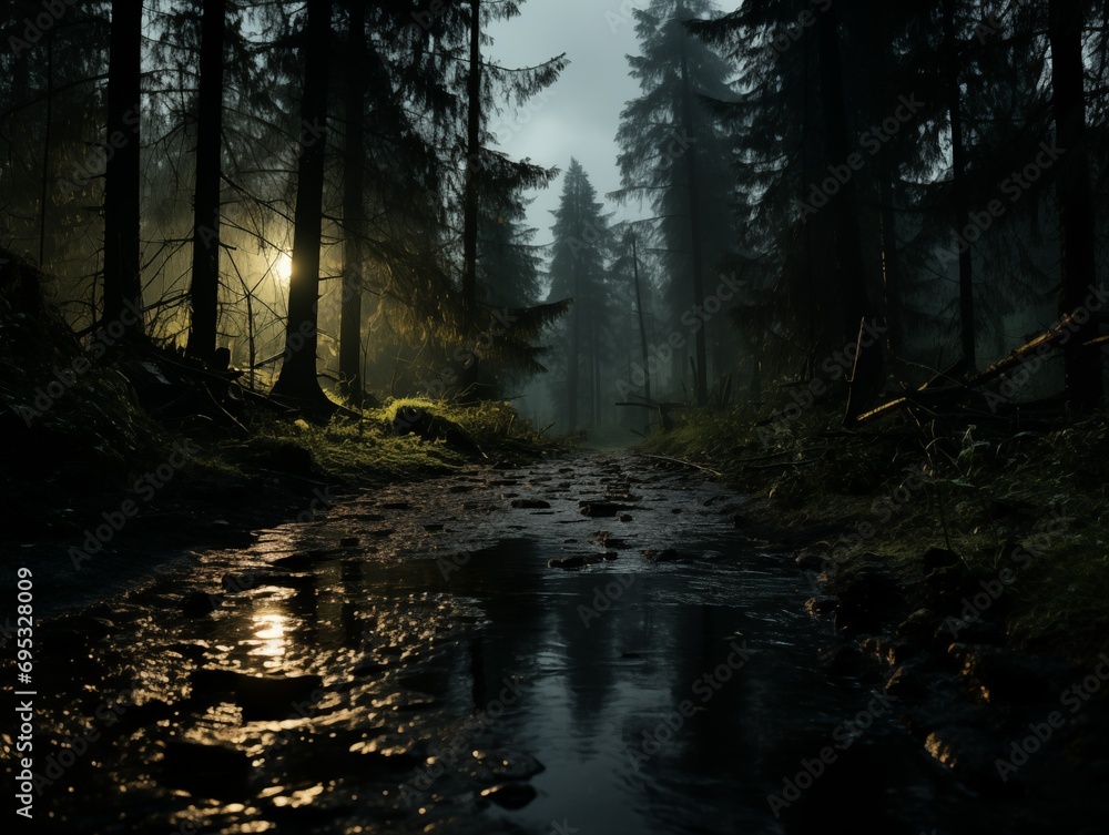 Obraz premium Dawn breaking in a misty forest with a reflective water path