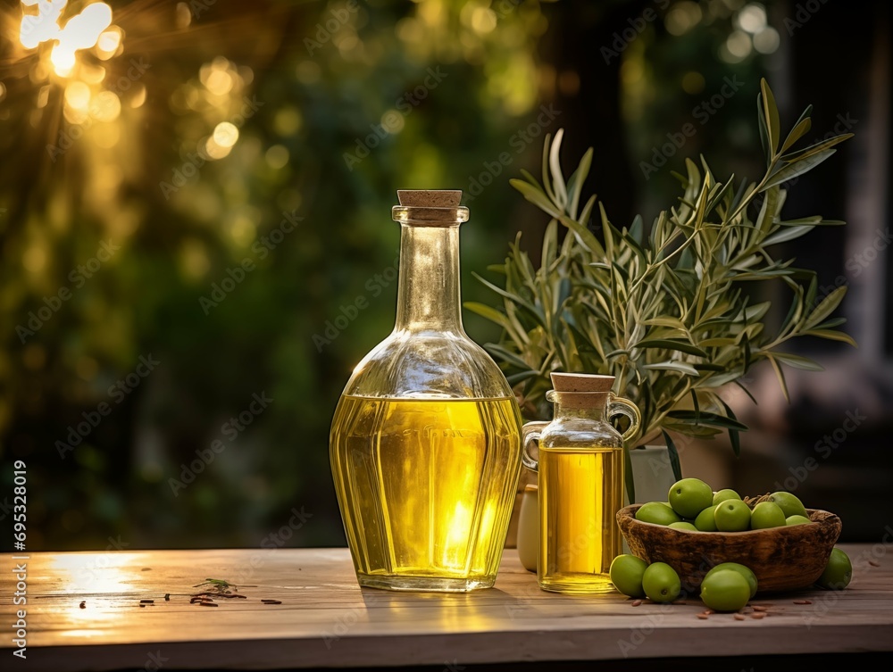 Olive oil bottles with fresh olives Olive oil bottles with fresh olives