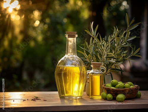 Olive oil bottles with fresh olives