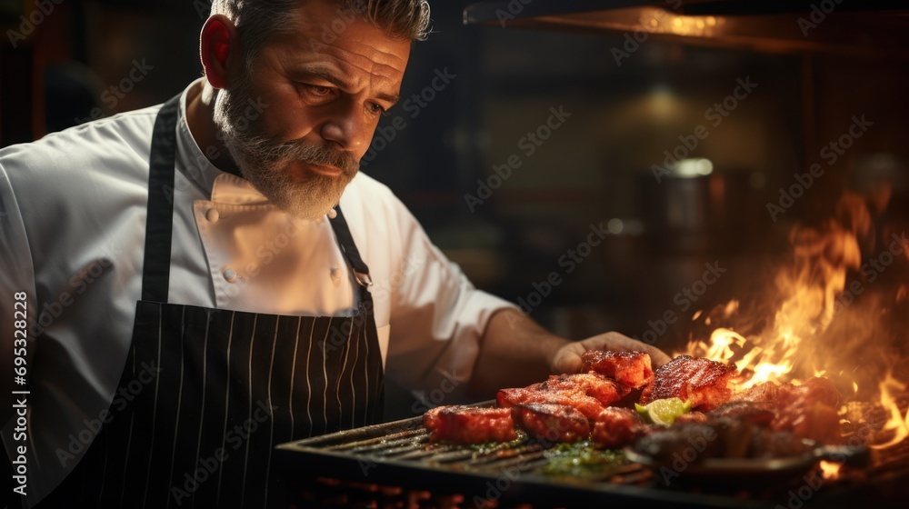 Argentinian Chef Looking at Meat Cooking on Parilla