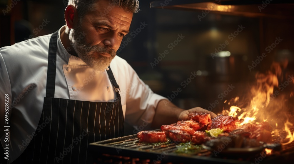 Argentinian Chef Looking at Meat Cooking on Parilla Argentinian Chef Looking at Meat Cooking on Parilla