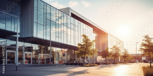 Northern cityscape with a contemporary building facade, glass windows, and urban surroundings. photo