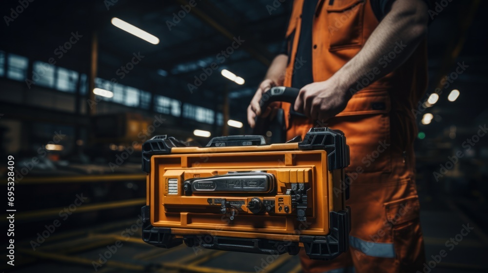 Engineer holding a toolbox in railway workshop for engineering industry or transportation concept Engineer holding a toolbox in railway workshop for engineering industry or transportation concept