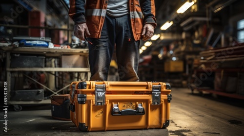 Engineer holding a toolbox in railway workshop for engineering industry or transportation concept