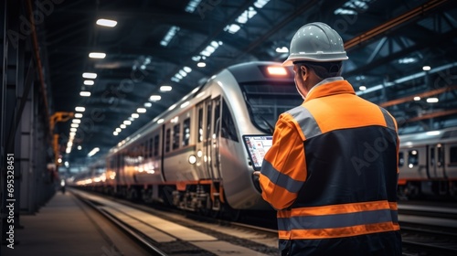 Engineer overall checking the electric train with digital tablet in railway