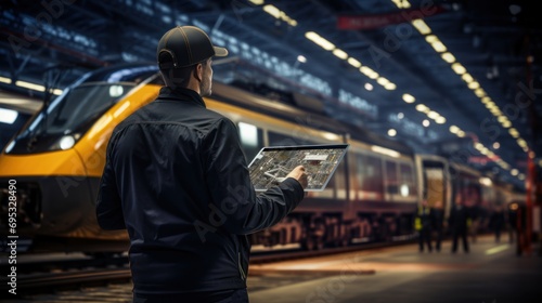 Engineer overall checking the electric train with digital tablet in railway