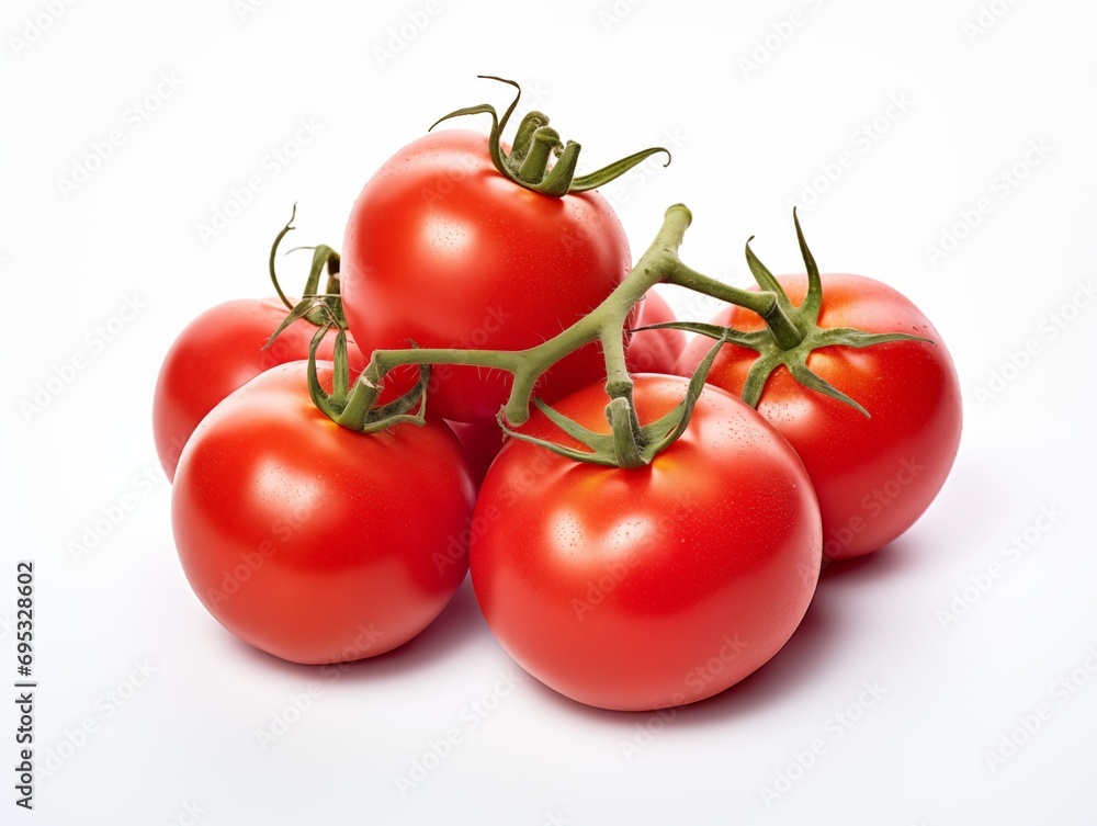 Ripe tomatoes with green stems on white Ripe tomatoes with green stems on white