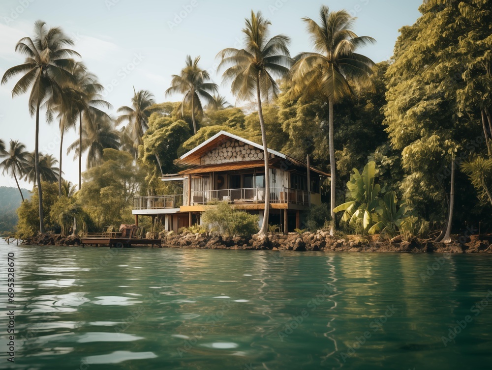 Fototapeta premium Waterfront house amidst dense tropical greenery