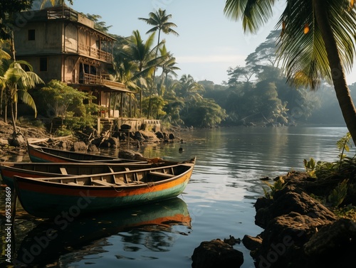 Riverfront house with canoes in a tropical setting © madrolly