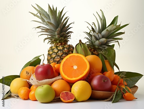 Assorted tropical fruits on white with green leaves