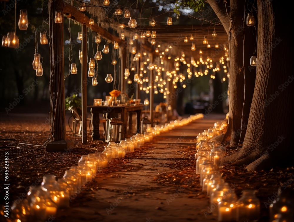 Candlelit pathway with table setup under a light canopy in the forest