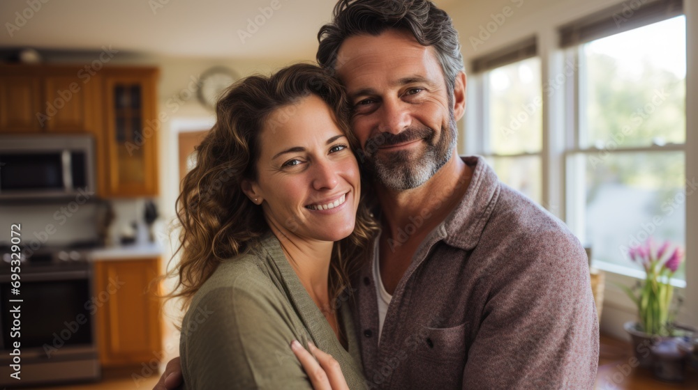 Portrait of a loving woman at home hugging her boyfriend and smiling