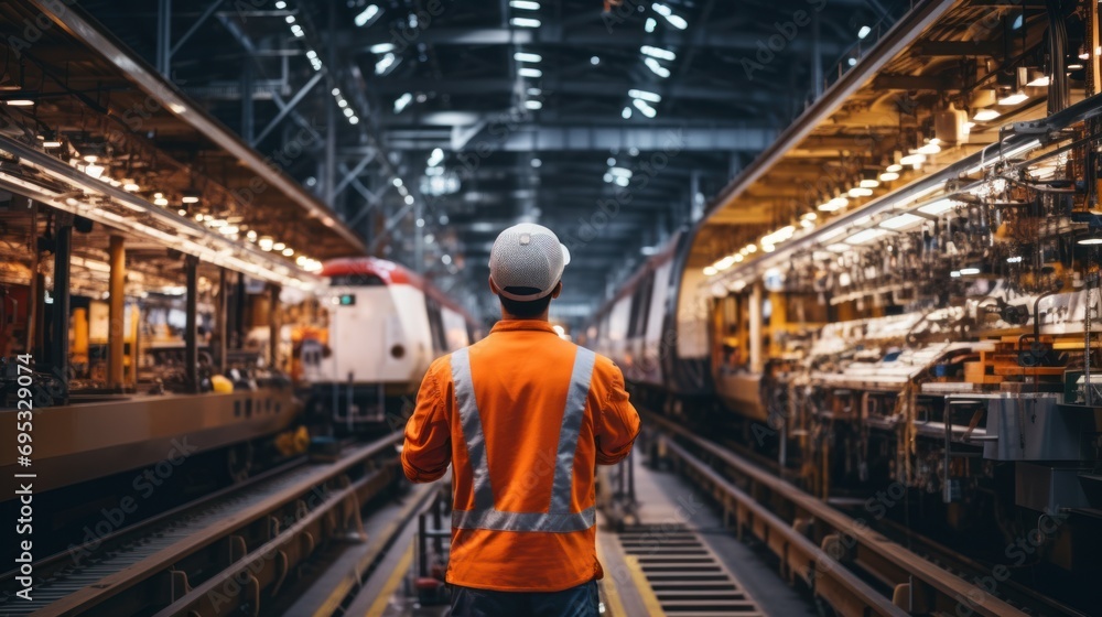 Rear view young man engineer overall checking the electric train in railway workshop for engineering industry Rear view young man engineer overall checking the electric train in railway workshop for engineering industry
