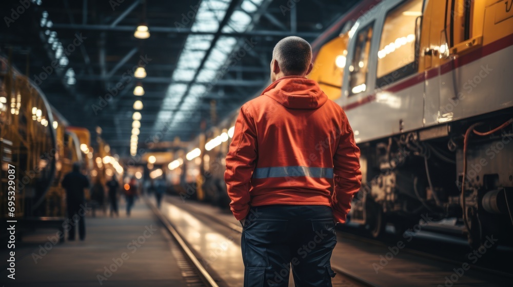 Rear view young man engineer overall checking the electric train in railway workshop for engineering industry Rear view young man engineer overall checking the electric train in railway workshop for engineering industry