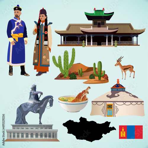 Set illustration of the country Mongolia. National clothing, food, architecture of Mongolia, yurt, desert, animals of Mongolia