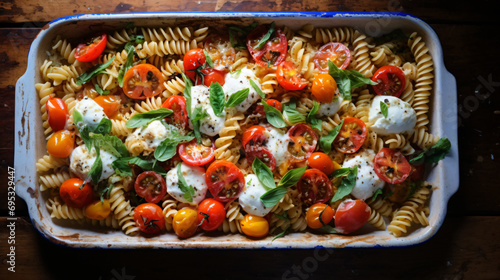 A baked dish of fusilli or pasta spirals