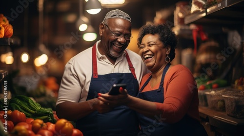 A senior black man holding a kitchen knife and carrots Mature woman holding a smartphone Both in an apron and laughing photo