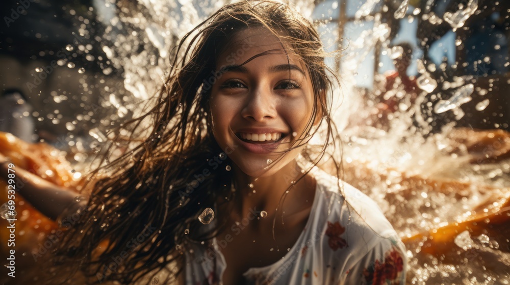 Obraz premium Young Thai woman wearing Thai dress Playing in the festival water Thai Songkran tradition
