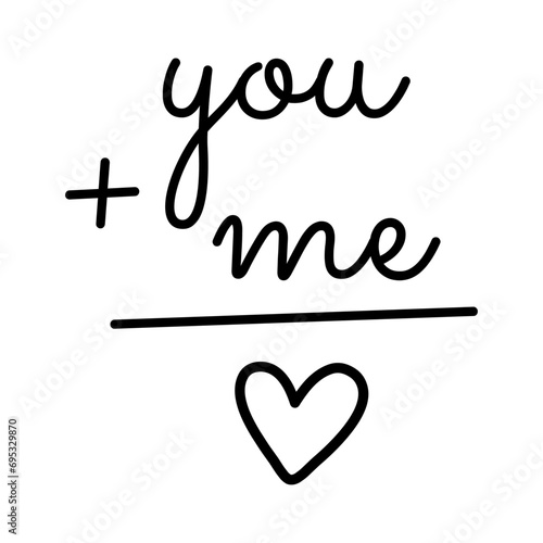 Declaración de amor. Fórmula matemática You + me = love para su uso en felicitaciones y tarjetas de San Valentín
