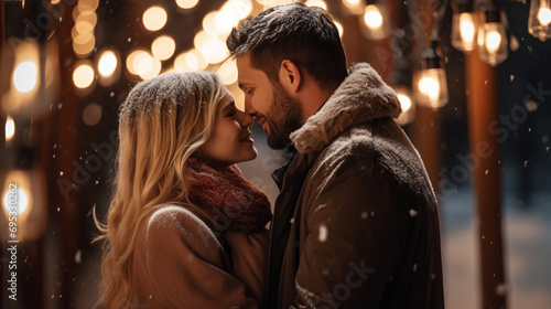 Joyful couple kissing on a winter night lit by festive string lights