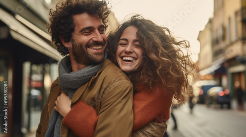 Happy man lifting his partner in a joyful embrace on a city street
