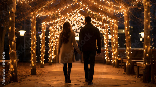 Couple holding hands and walking under a canopy of twinkling lights