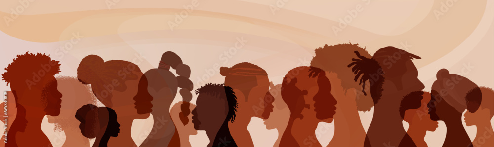 Profile silhouettes people African and African American. Ethnic group men and women with black skin. Black history month event. Racial equality - justice - identity - anti-racism. Banner Profile silhouettes people African and African American. Ethnic group men and women with black skin. Black history month event. Racial equality - justice - identity - anti-racism. Banner