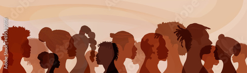 Profile silhouettes people African and African American. Ethnic group men and women with black skin. Black history month event. Racial equality - justice - identity - anti-racism. Banner