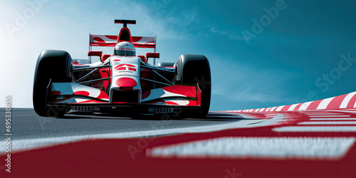 A fast red and white race car zooming along a track, perfect for race car events, sports posters, or automotive designs needing a dynamic touch.formula 1 winner photo