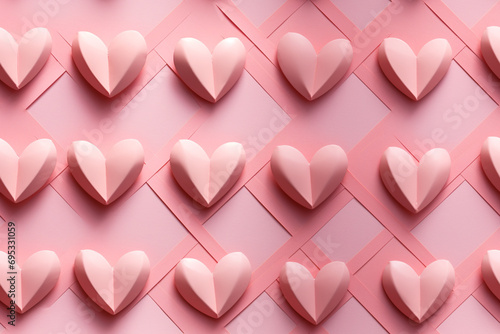Rows of paper heart cutouts hanging against a blush-colored wall, Valentines Day pattern, seampless pattern photo