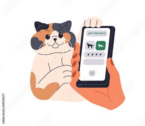Online pet insurance concept. Happy cute insured cat. Kitty owner with mobile phone for feline animal health and life protection, safety. Flat vector illustration isolated on white background