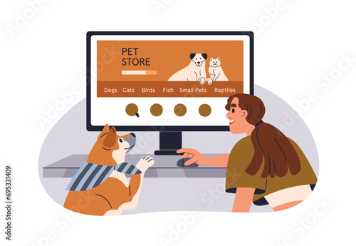 Dog owner and puppy shopping online in virtual pet store. Canine animal and woman buying goods, food, toys at computer in internet. Flat graphic vector illustration isolated on white background