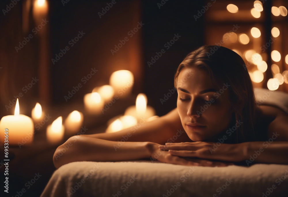 Donna in Spa con Luci soffuse, Concetto di Massaggio e Relax Donna in Spa con Luci soffuse, Concetto di Massaggio e Relax