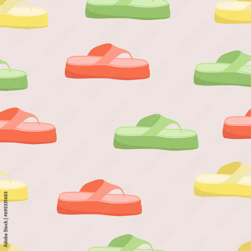 Seamless vector pattern with cute bright sandals. Pattern with shoes. 