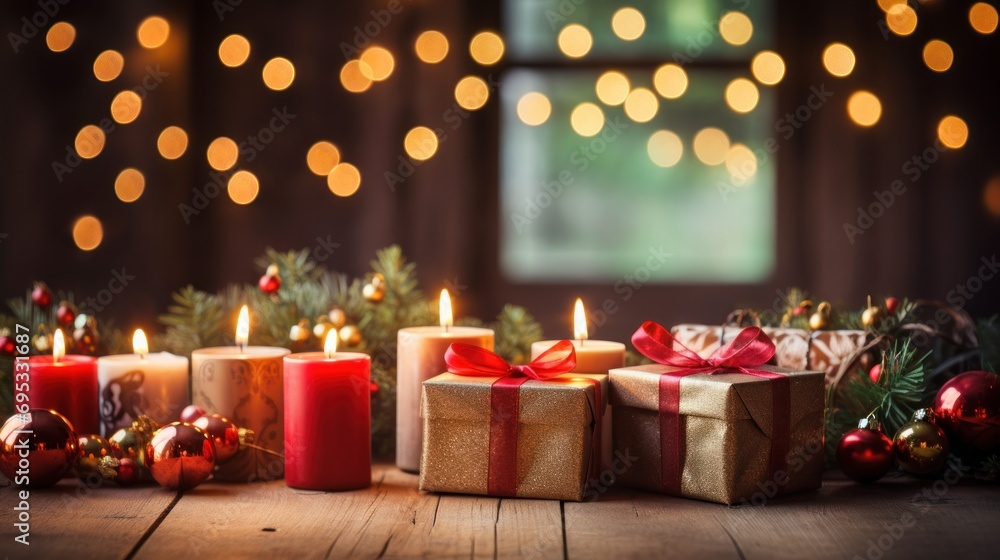 Happy New Year: Christmas gifts, decorated garland and lit candles on rustic wooden table