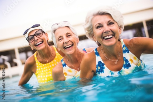 A cheerful group of seniors in a water fitness class, promoting health and happiness through aqua aerobics. © Andrii Zastrozhnov