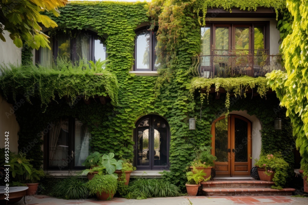 Green wall of residential building - vertical garden. Architecture, decor, eco concept