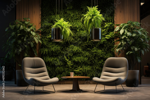 Lounge interior with two comfortable armchair. Vertical garden - wall design of green plants. Architecture, decor, eco concept