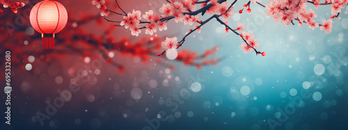 Beautiful Chinese background with lantern and flowers. Selective focus. photo