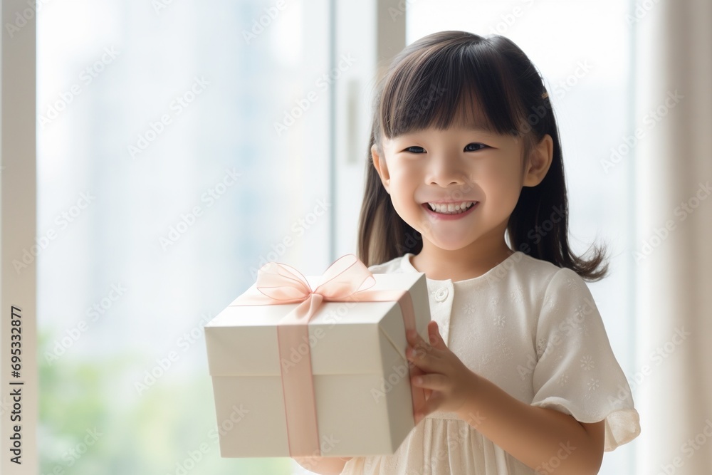 cute asian little girl holding  gift box in living room